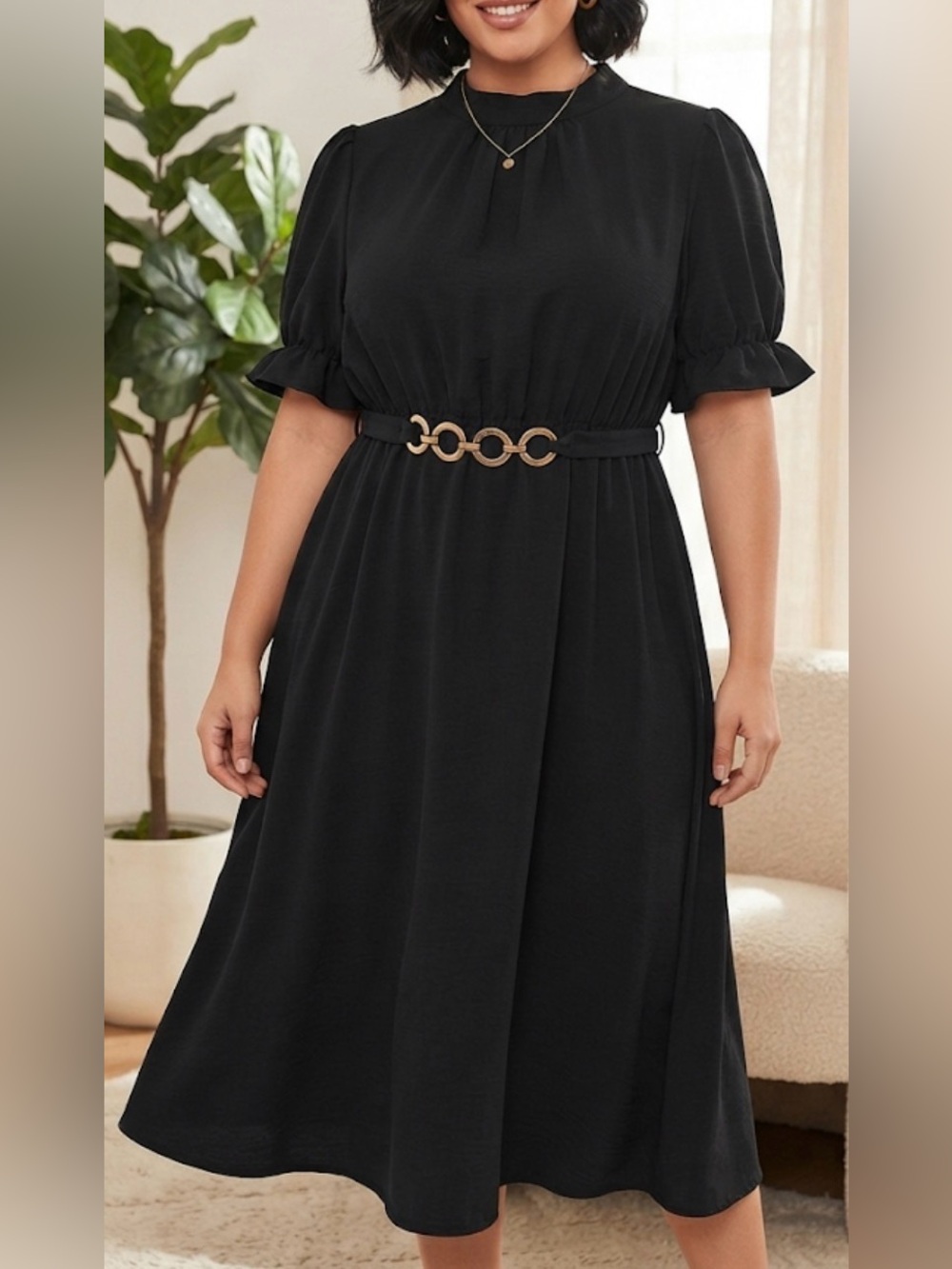 1XL Black Mock Neck Puff Sleeve Midi Dress w/ Gold Belt witchy dark academia NWT